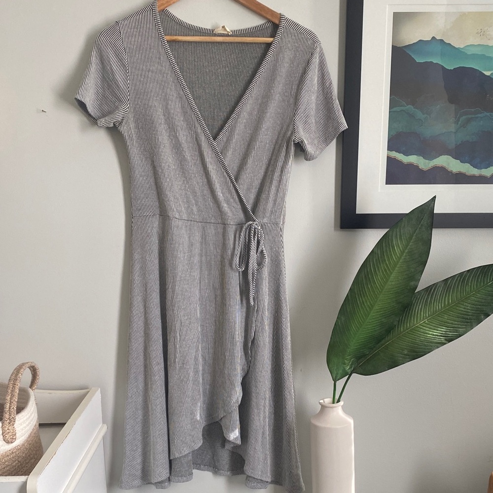 Caution To The Wind Gray Striped Faux-Wrap Dress
